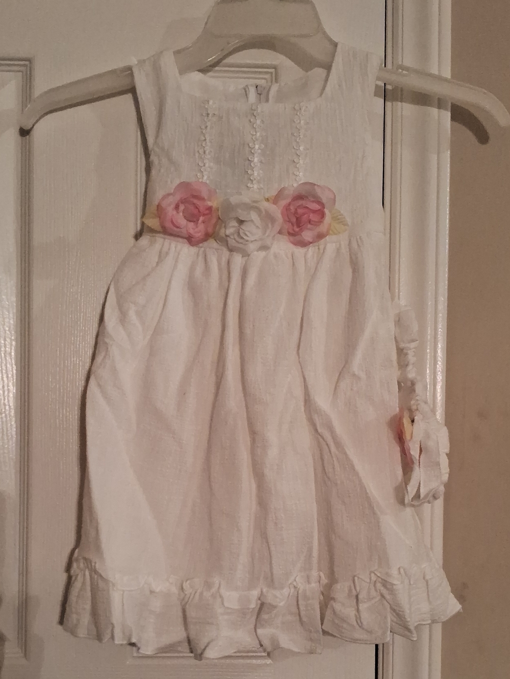 White Floral Waist Girls' Dress With Matching Headband